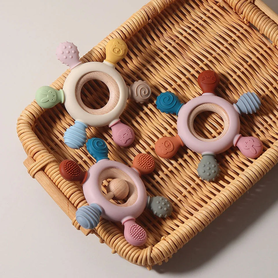 Silicone teether baby gift animal shaped cartoon cute teething toy chew bead sensory gum relief soother bell beech wood soft