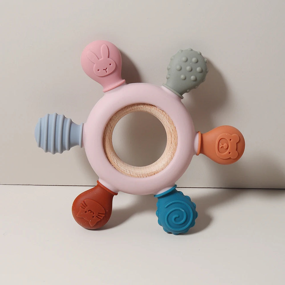 Silicone teether baby gift animal shaped cartoon cute teething toy chew bead sensory gum relief soother bell beech wood soft