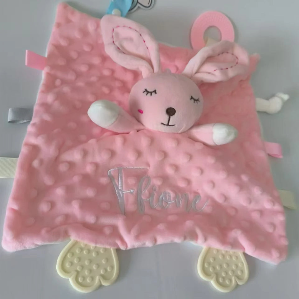 Personalized Baby Security Blanket Teether Plush Stuffed Toy Custom Blanket Comforter Bunny Elephant Soothe Appease Baby Gift