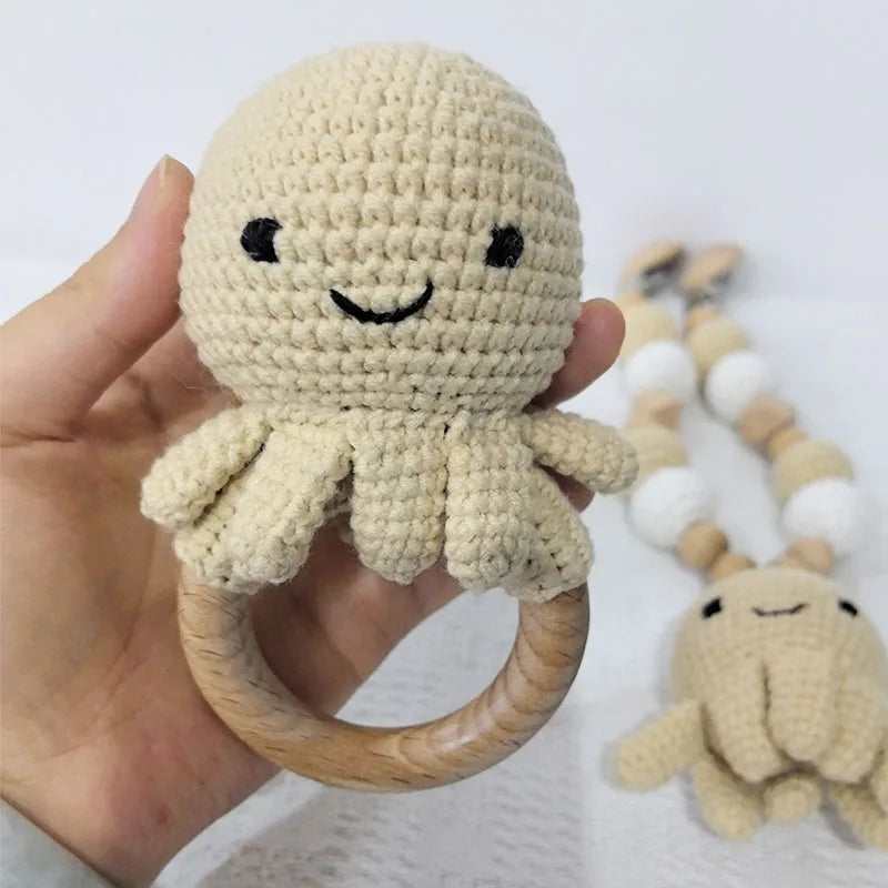 Stroller chain Pacifier Chain With Name Gym Educational Ring Teething Toy Baby Cotton Turtle Wooden Ring Rattle Crochet Wool To