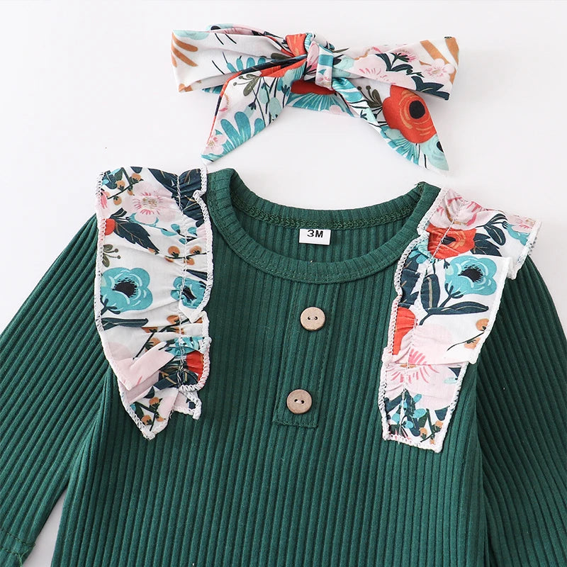 Newborn Baby Girl Clothes Sets Fashion Infant Outfit Floral Ruffles Romper Top Pants Headband 3Pcs For New Born Toddler Clothing