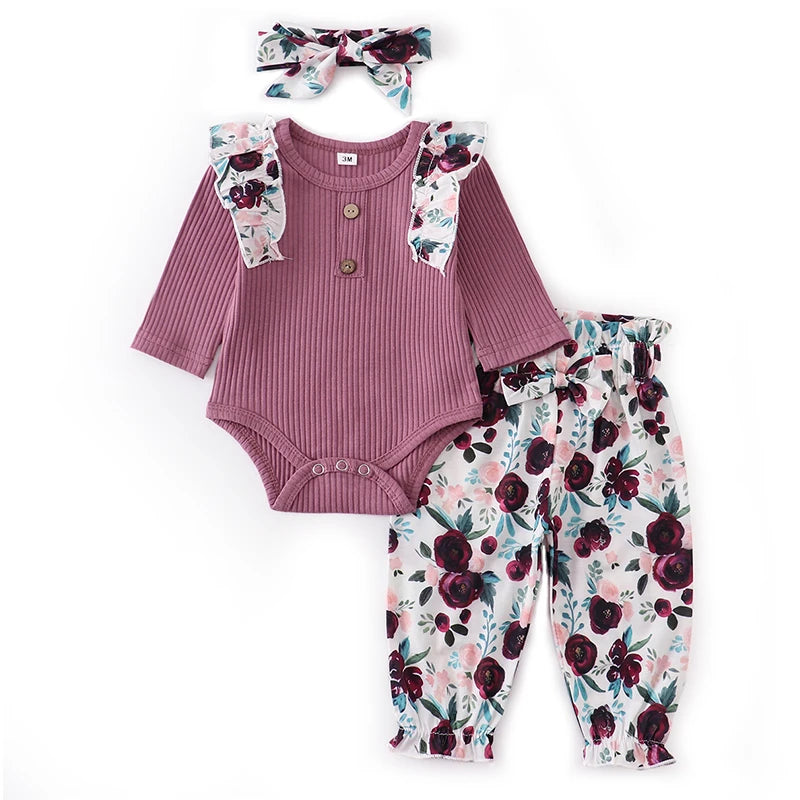 Newborn Baby Girl Clothes Sets Fashion Infant Outfit Floral Ruffles Romper Top Pants Headband 3Pcs For New Born Toddler Clothing