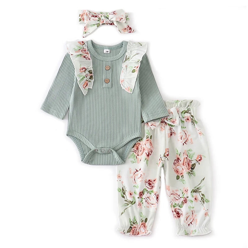 Newborn Baby Girl Clothes Sets Fashion Infant Outfit Floral Ruffles Romper Top Pants Headband 3Pcs For New Born Toddler Clothing
