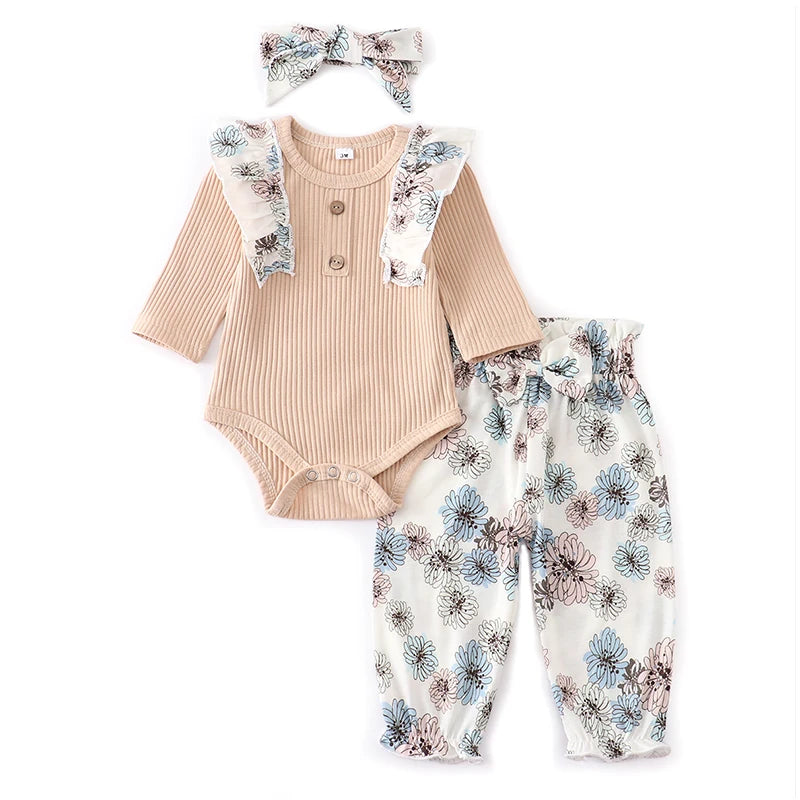 Newborn Baby Girl Clothes Sets Fashion Infant Outfit Floral Ruffles Romper Top Pants Headband 3Pcs For New Born Toddler Clothing