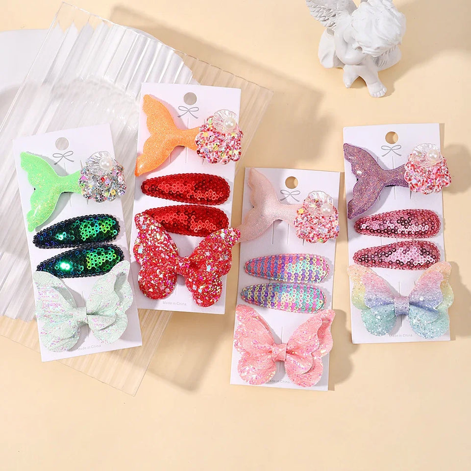 4pcs Kids Sweet Hair Bangs Clip Set Fish Tail Printed Butterfly Hairpins Children BB Clips Barrettes Girls Accessories Headwear
