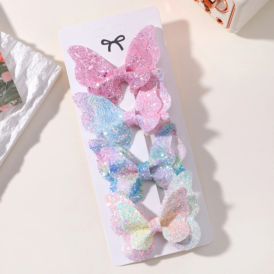 4pcs Kids Sweet Hair Bangs Clip Set Fish Tail Printed Butterfly Hairpins Children BB Clips Barrettes Girls Accessories Headwear