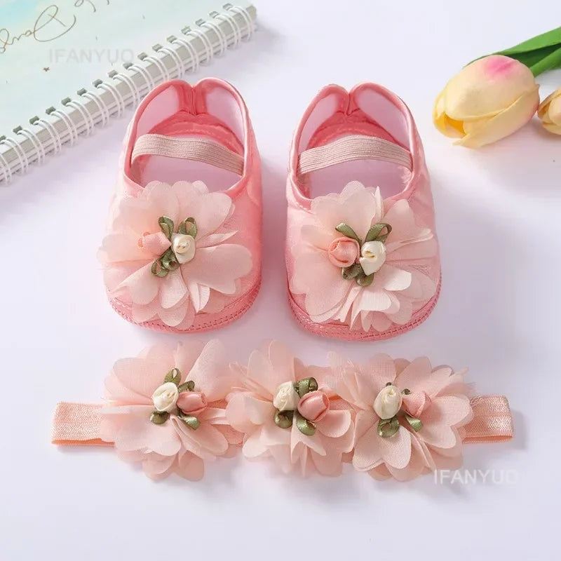 Spring Autumn Soft Sole Baby Shoes Hairband Set Baby Shoes 0-1Year Old Newborn Princess Rose Flower Dress Shoes Birthday Gift