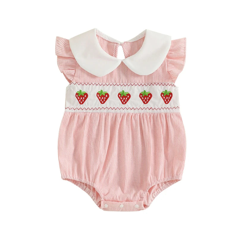 Baby Girl Summer Romper Jumpsuit Casual Strawberry/Duck Embroidery Striped Doll Collar Playsuit Outfits Newborn Baby Clothes