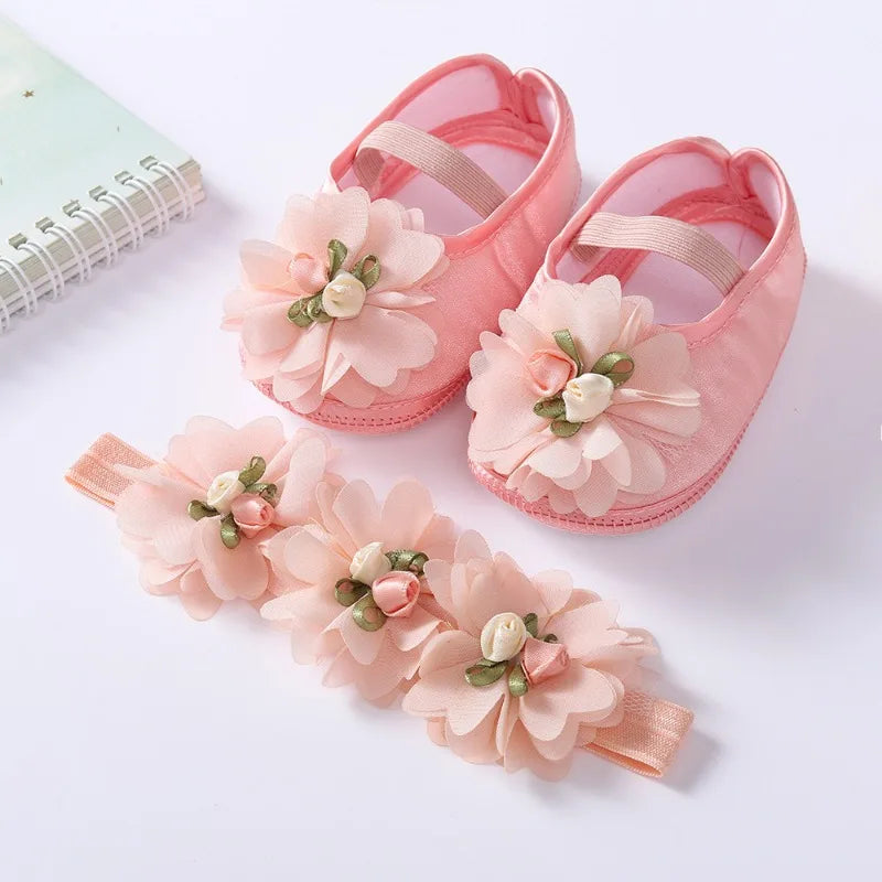 Spring Autumn Soft Sole Baby Shoes Hairband Set Baby Shoes 0-1Year Old Newborn Princess Rose Flower Dress Shoes Birthday Gift