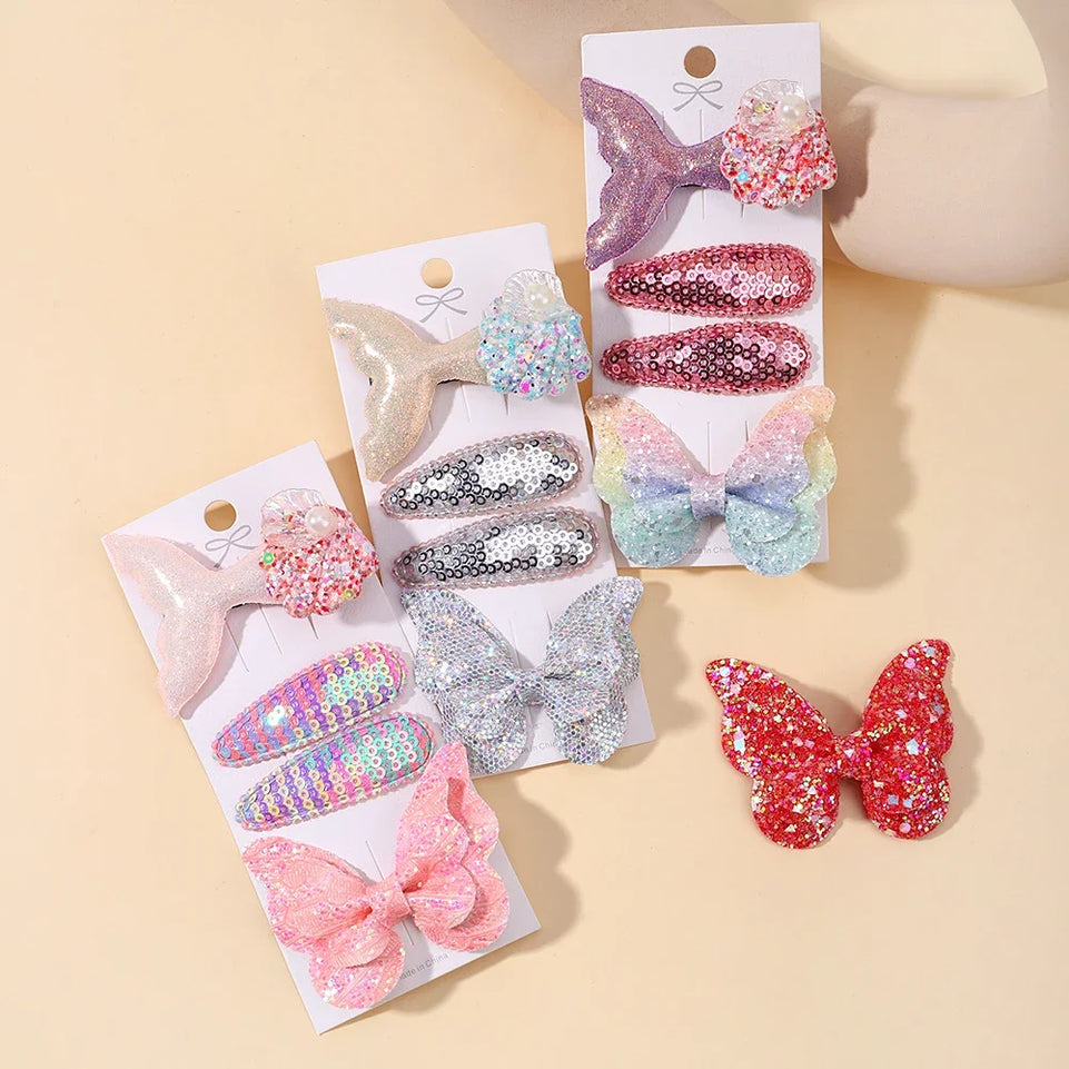 4pcs Kids Sweet Hair Bangs Clip Set Fish Tail Printed Butterfly Hairpins Children BB Clips Barrettes Girls Accessories Headwear