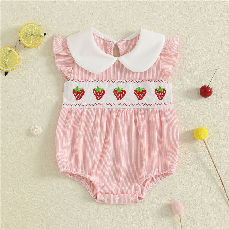 Baby Girl Summer Romper Jumpsuit Casual Strawberry/Duck Embroidery Striped Doll Collar Playsuit Outfits Newborn Baby Clothes