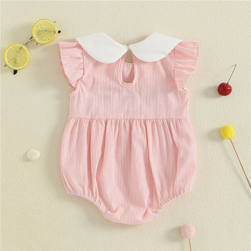 Baby Girl Summer Romper Jumpsuit Casual Strawberry/Duck Embroidery Striped Doll Collar Playsuit Outfits Newborn Baby Clothes