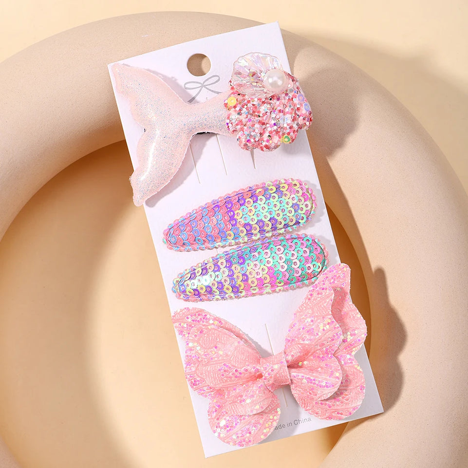 4pcs Kids Sweet Hair Bangs Clip Set Fish Tail Printed Butterfly Hairpins Children BB Clips Barrettes Girls Accessories Headwear