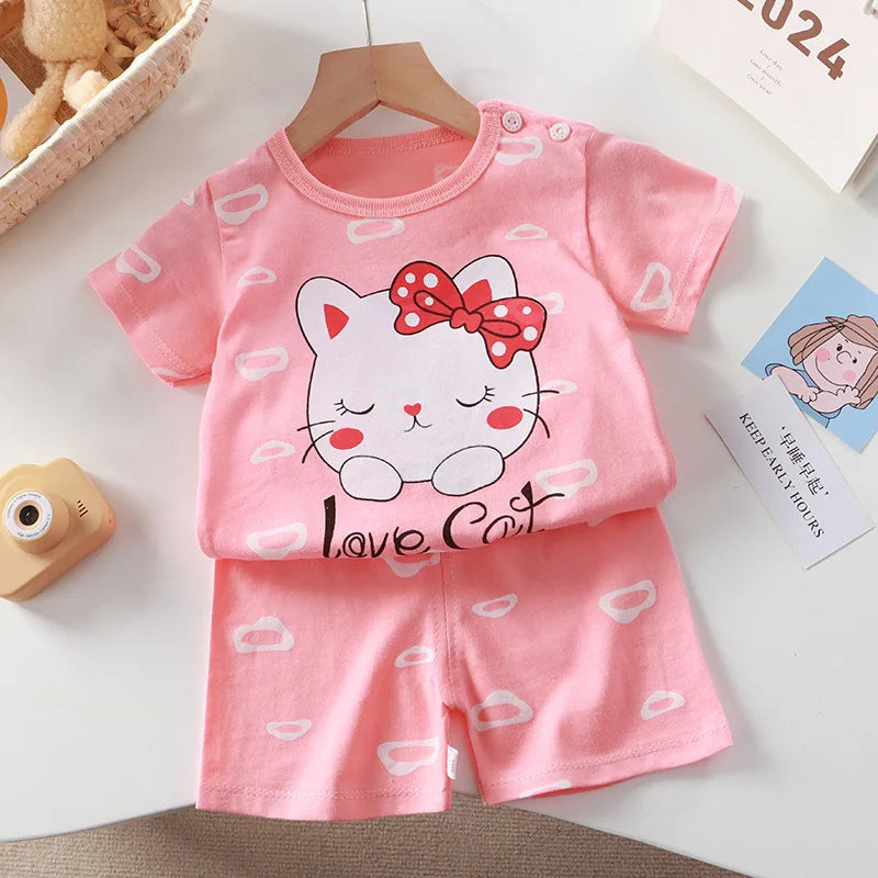 New summer baby clothes 0-4 years old boy cartoon bear T-shirt shorts pink cute cotton girl short-sleeved top suit