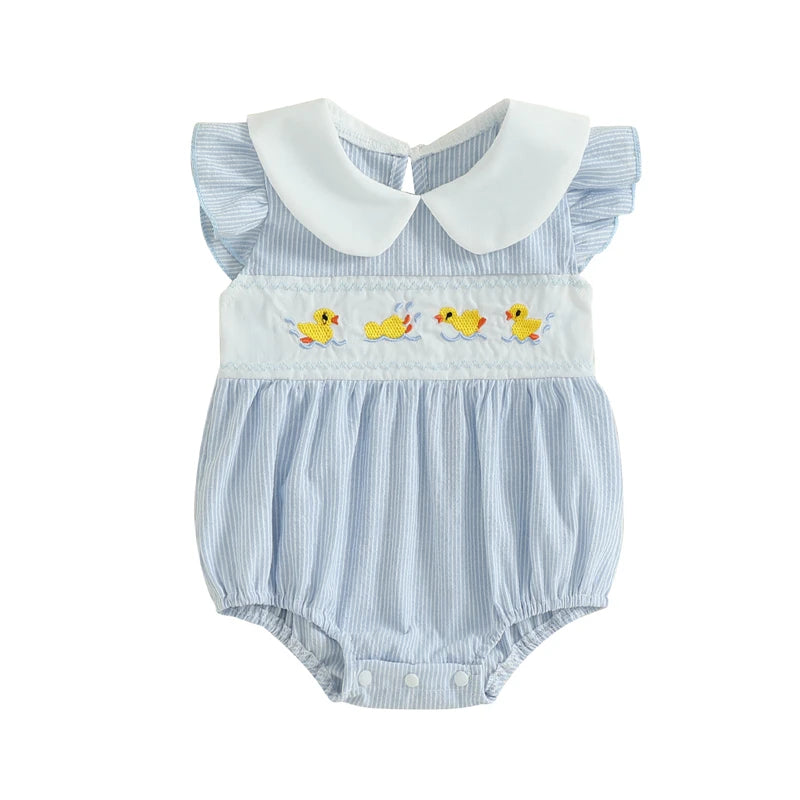 Baby Girl Summer Romper Jumpsuit Casual Strawberry/Duck Embroidery Striped Doll Collar Playsuit Outfits Newborn Baby Clothes