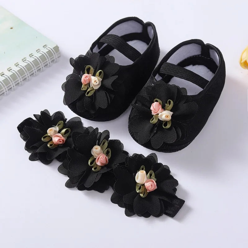 Spring Autumn Soft Sole Baby Shoes Hairband Set Baby Shoes 0-1Year Old Newborn Princess Rose Flower Dress Shoes Birthday Gift