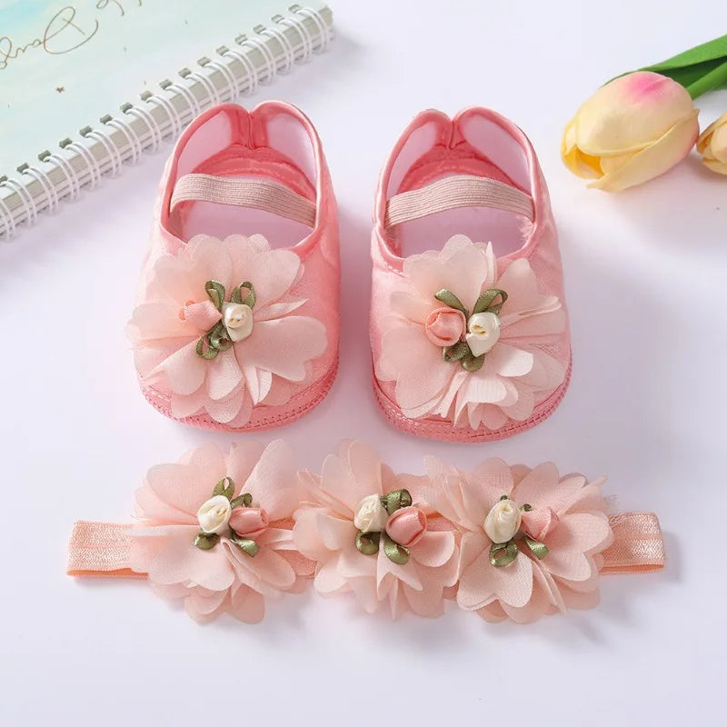 Spring Autumn Soft Sole Baby Shoes Hairband Set Baby Shoes 0-1Year Old Newborn Princess Rose Flower Dress Shoes Birthday Gift