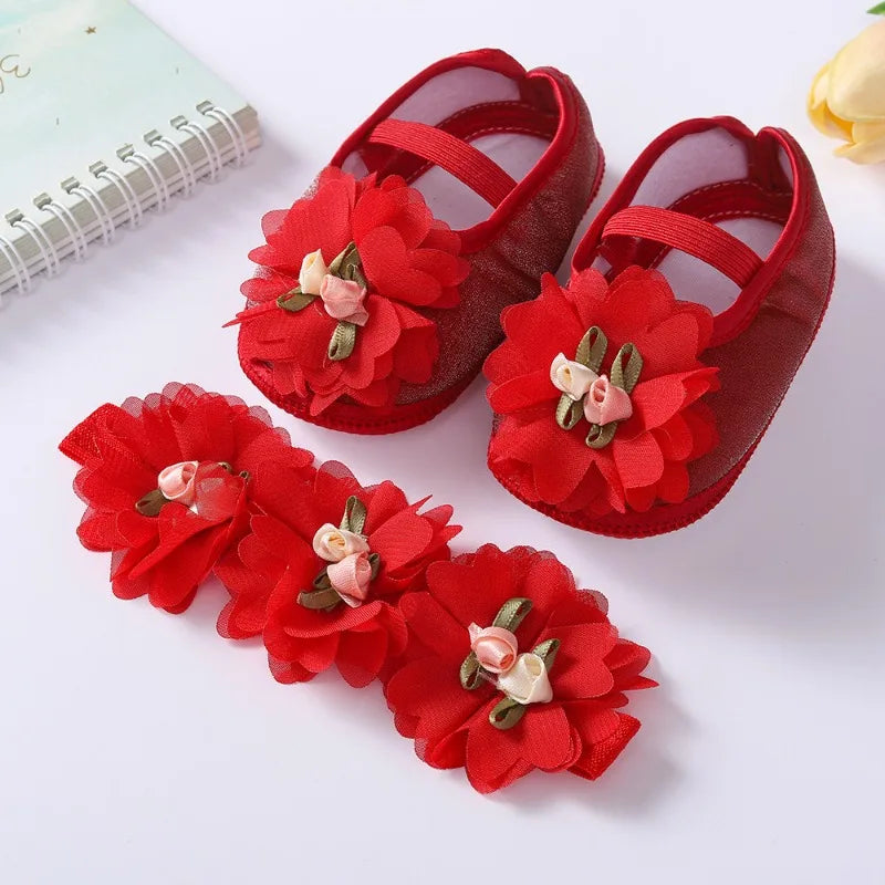 Spring Autumn Soft Sole Baby Shoes Hairband Set Baby Shoes 0-1Year Old Newborn Princess Rose Flower Dress Shoes Birthday Gift