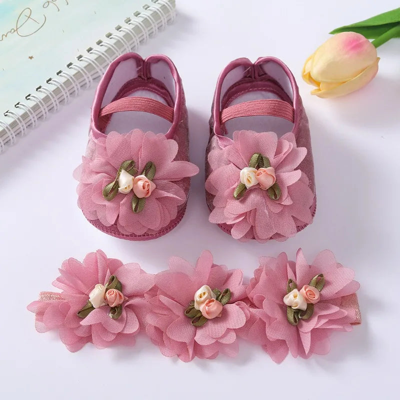 Spring Autumn Soft Sole Baby Shoes Hairband Set Baby Shoes 0-1Year Old Newborn Princess Rose Flower Dress Shoes Birthday Gift
