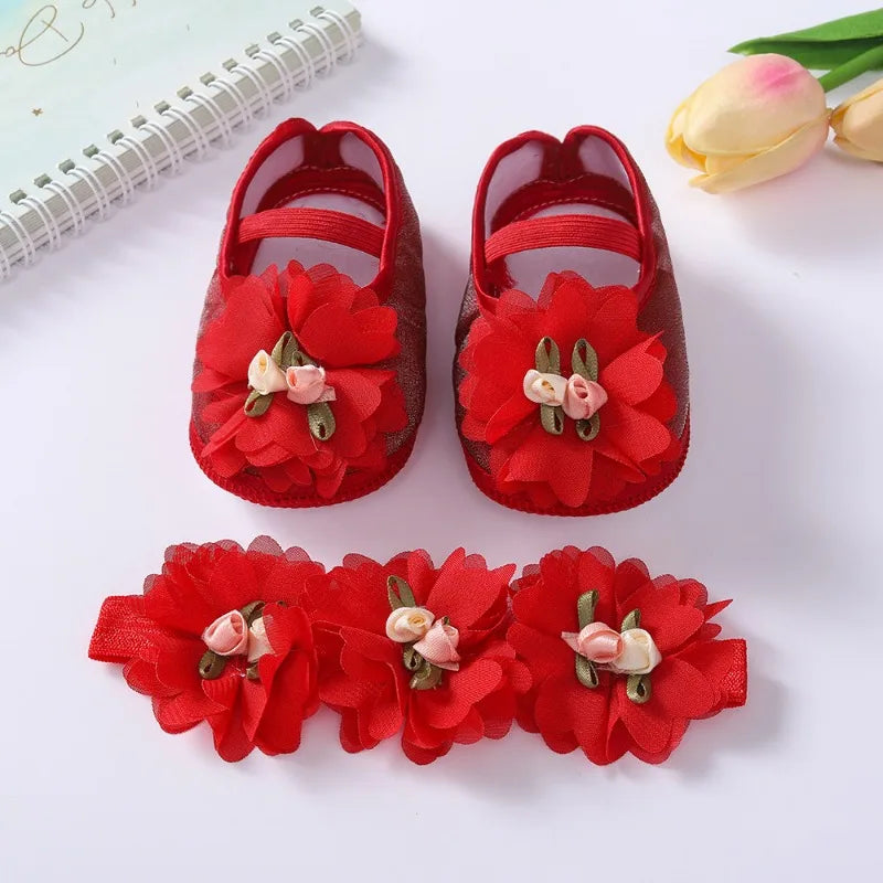 Spring Autumn Soft Sole Baby Shoes Hairband Set Baby Shoes 0-1Year Old Newborn Princess Rose Flower Dress Shoes Birthday Gift