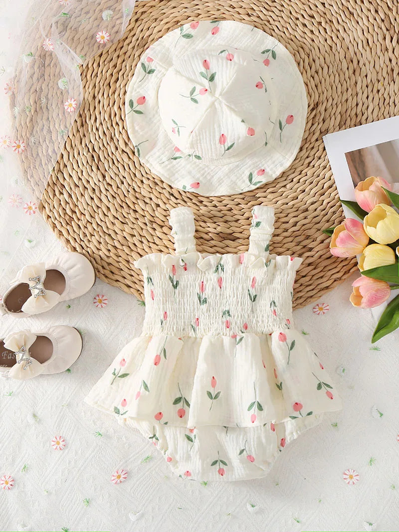 2PCS New Arrival Summer Floral baby clothes Romper Sleeveless Newborn Infant Girl Skirt Jumpsuit Outfit with Hat