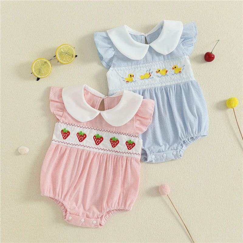 Baby Girl Summer Romper Jumpsuit Casual Strawberry/Duck Embroidery Striped Doll Collar Playsuit Outfits Newborn Baby Clothes