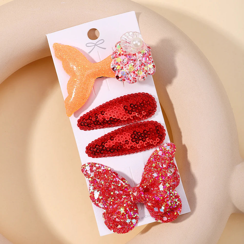 4pcs Kids Sweet Hair Bangs Clip Set Fish Tail Printed Butterfly Hairpins Children BB Clips Barrettes Girls Accessories Headwear