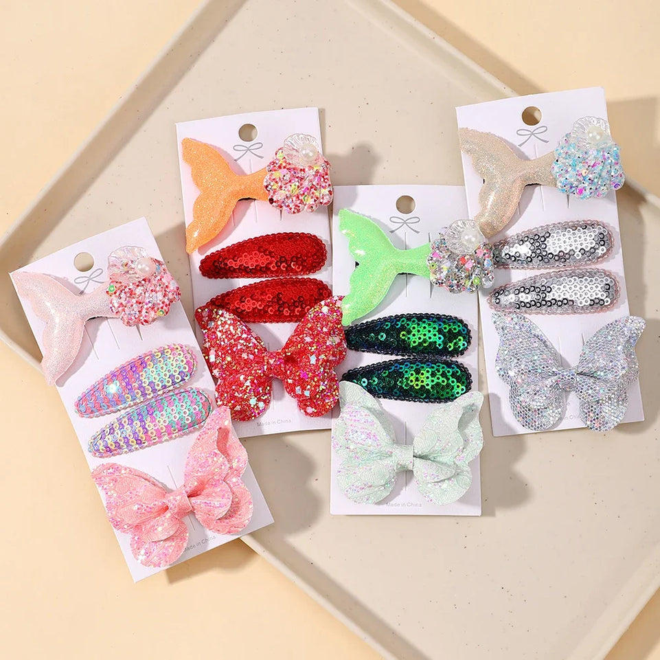 4pcs Kids Sweet Hair Bangs Clip Set Fish Tail Printed Butterfly Hairpins Children BB Clips Barrettes Girls Accessories Headwear