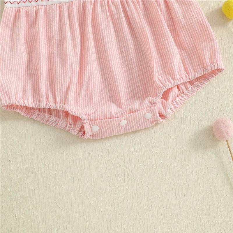 Baby Girl Summer Romper Jumpsuit Casual Strawberry/Duck Embroidery Striped Doll Collar Playsuit Outfits Newborn Baby Clothes