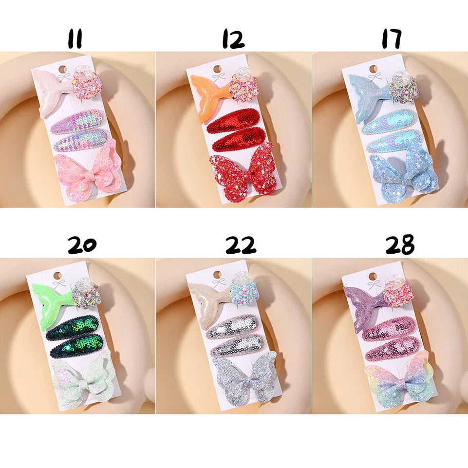4pcs Kids Sweet Hair Bangs Clip Set Fish Tail Printed Butterfly Hairpins Children BB Clips Barrettes Girls Accessories Headwear