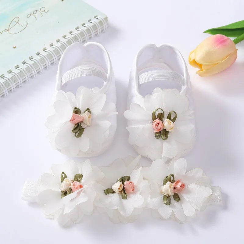 Spring Autumn Soft Sole Baby Shoes Hairband Set Baby Shoes 0-1Year Old Newborn Princess Rose Flower Dress Shoes Birthday Gift