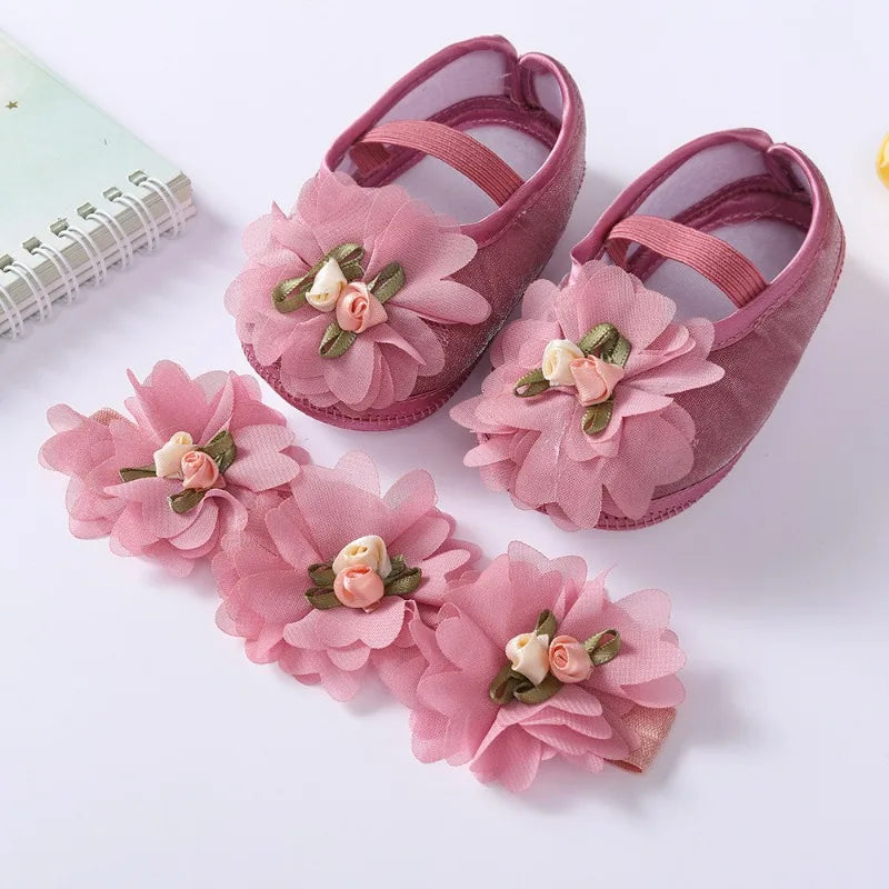 Spring Autumn Soft Sole Baby Shoes Hairband Set Baby Shoes 0-1Year Old Newborn Princess Rose Flower Dress Shoes Birthday Gift