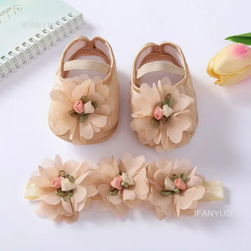 Spring Autumn Soft Sole Baby Shoes Hairband Set Baby Shoes 0-1Year Old Newborn Princess Rose Flower Dress Shoes Birthday Gift