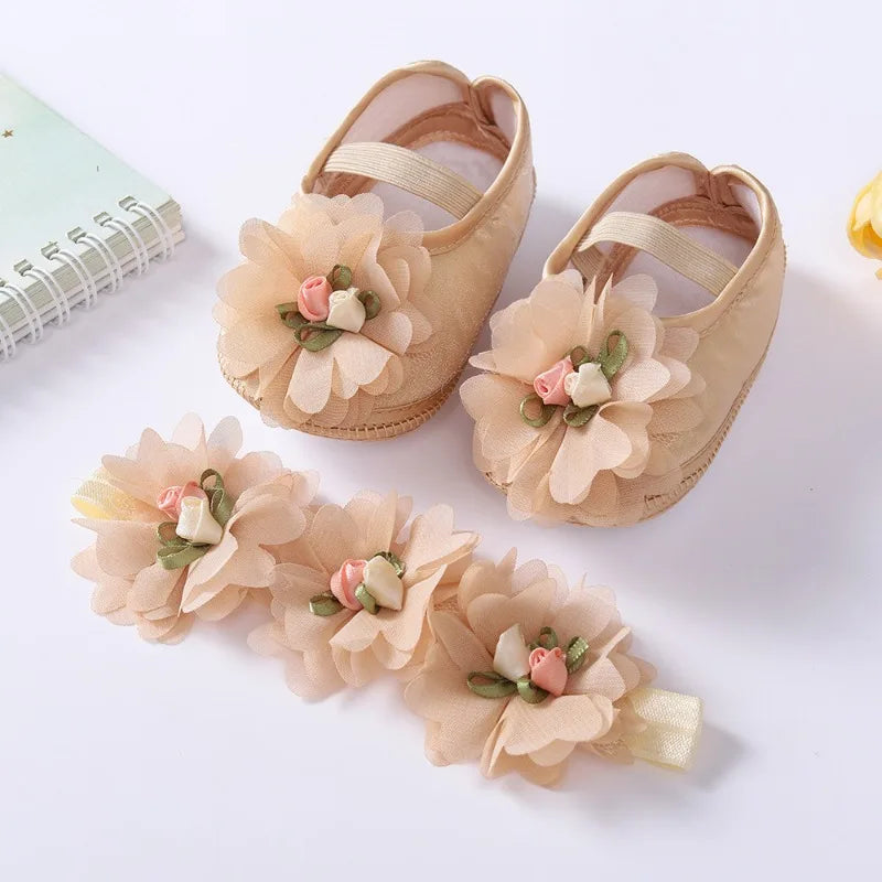 Spring Autumn Soft Sole Baby Shoes Hairband Set Baby Shoes 0-1Year Old Newborn Princess Rose Flower Dress Shoes Birthday Gift