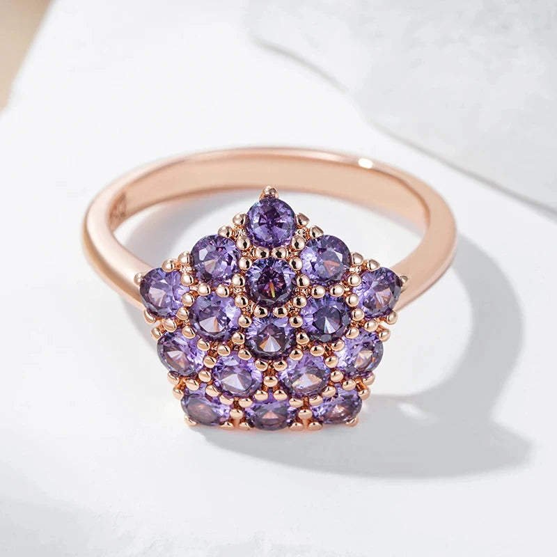 Full Paved Purple Zircon Star Rings for Women 585 Gold Plated Personality Girls Accessories Party Daily Luxury Costume Jewelry
