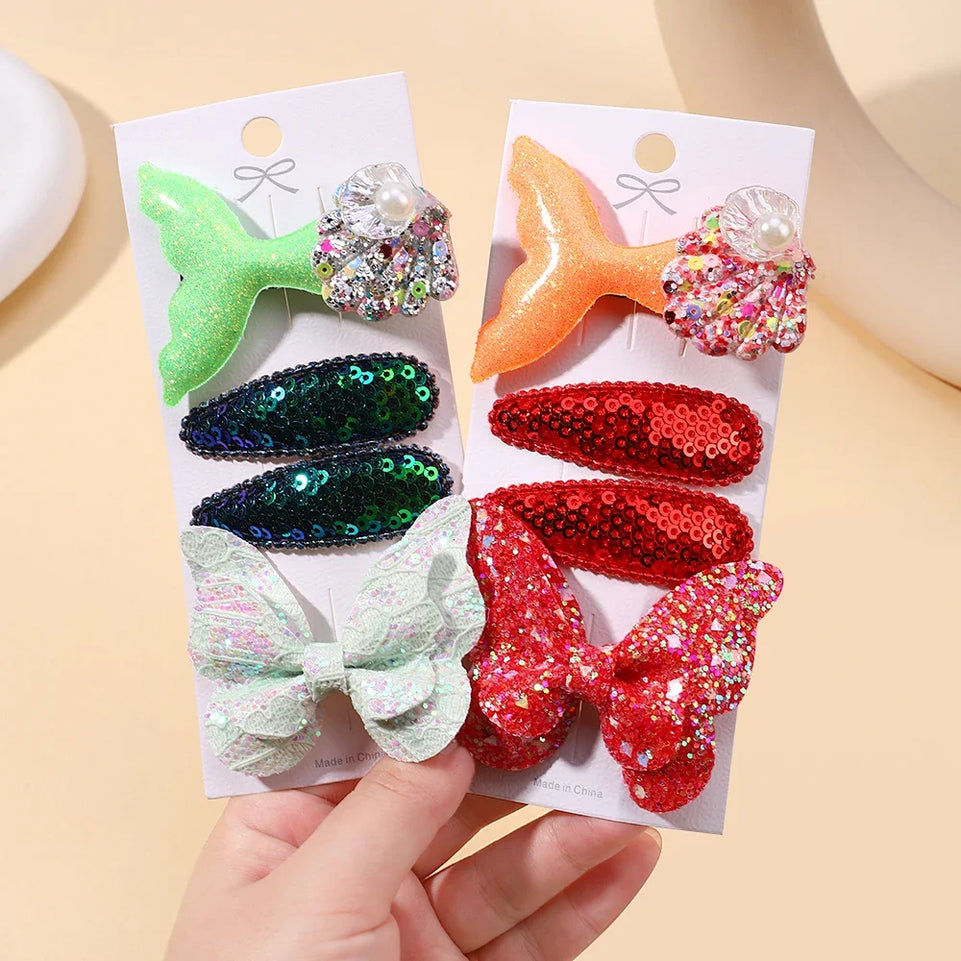 4pcs Kids Sweet Hair Bangs Clip Set Fish Tail Printed Butterfly Hairpins Children BB Clips Barrettes Girls Accessories Headwear
