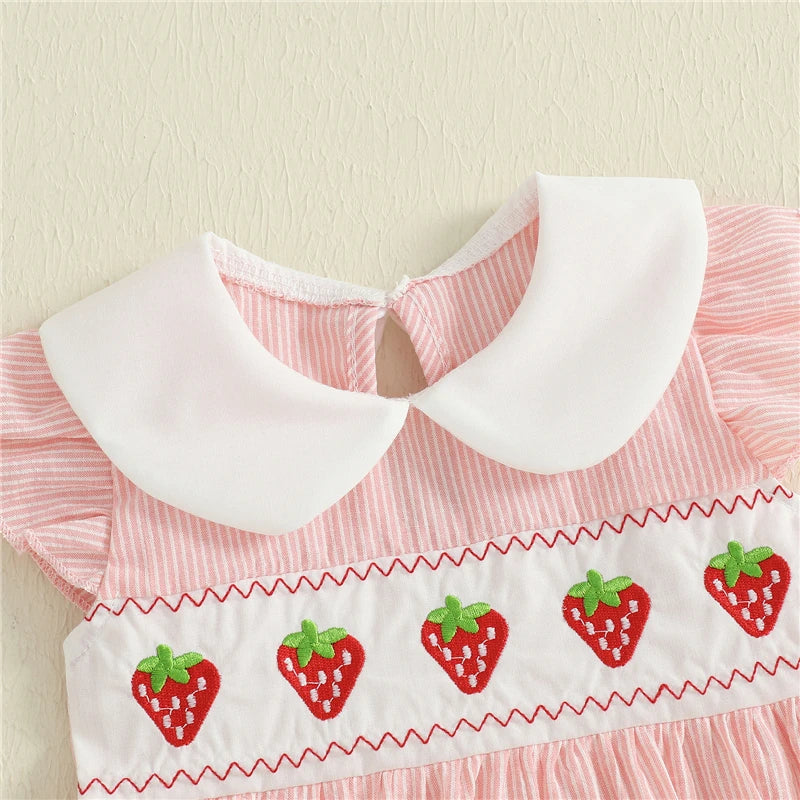 Baby Girl Summer Romper Jumpsuit Casual Strawberry/Duck Embroidery Striped Doll Collar Playsuit Outfits Newborn Baby Clothes