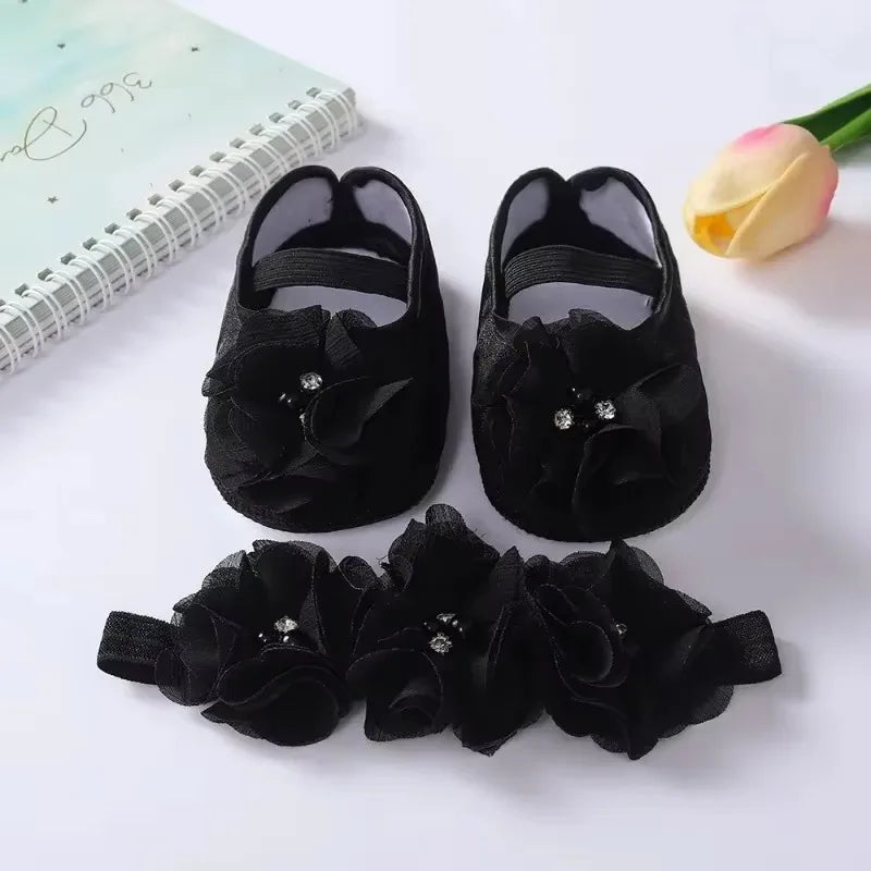 Spring Autumn Soft Sole Baby Shoes Hairband Set Baby Shoes 0-1Year Old Newborn Princess Rose Flower Dress Shoes Birthday Gift