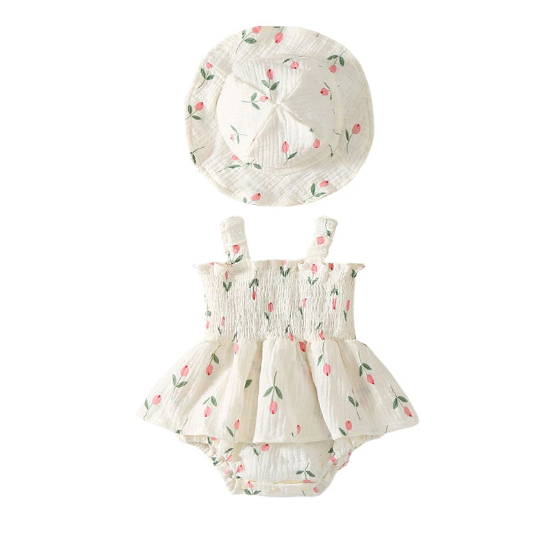 2PCS New Arrival Summer Floral baby clothes Romper Sleeveless Newborn Infant Girl Skirt Jumpsuit Outfit with Hat