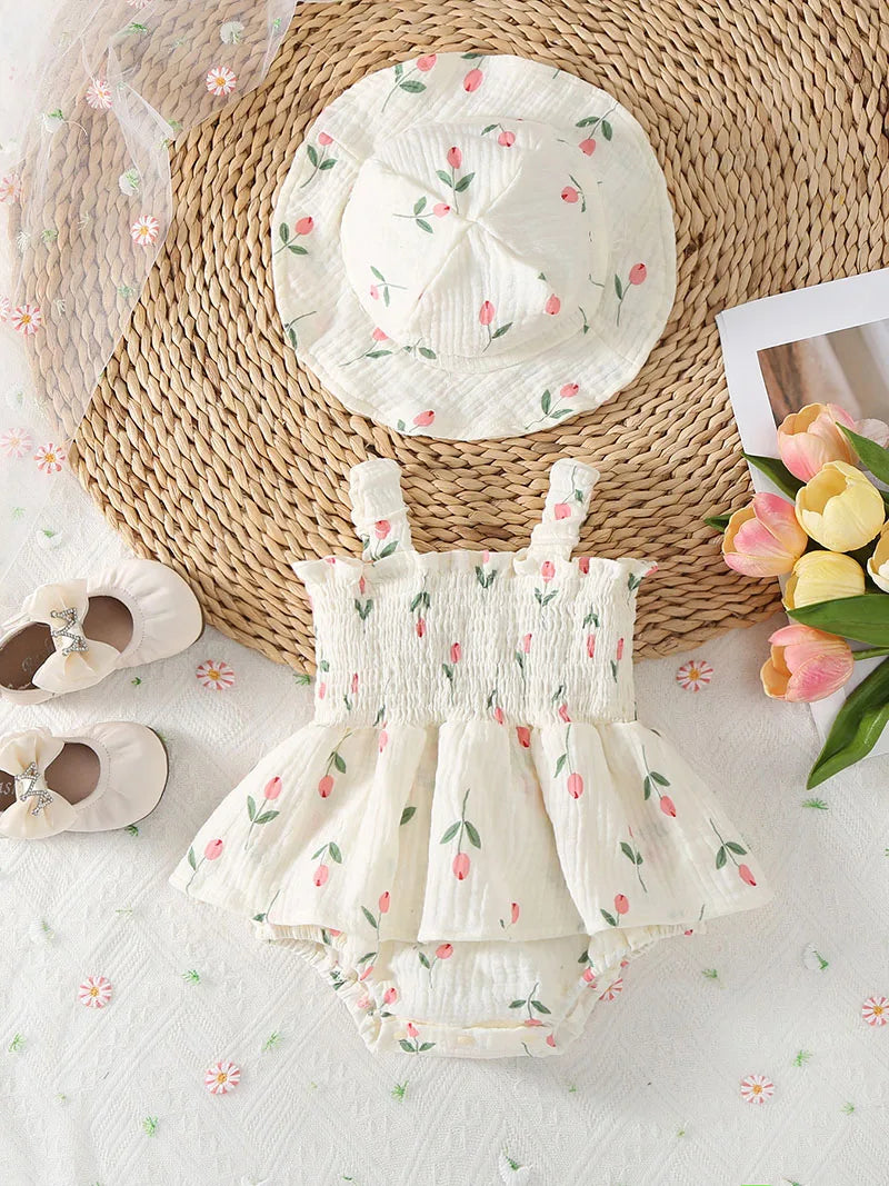 2PCS New Arrival Summer Floral baby clothes Romper Sleeveless Newborn Infant Girl Skirt Jumpsuit Outfit with Hat
