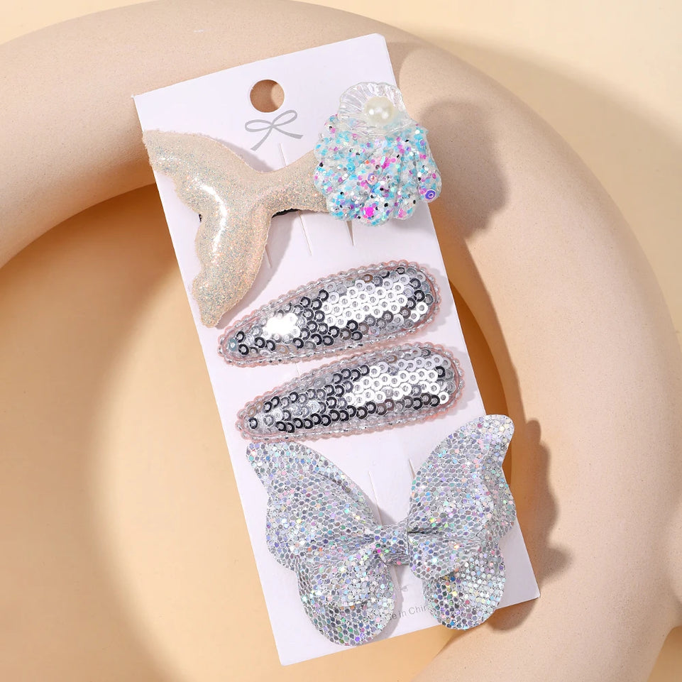 4pcs Kids Sweet Hair Bangs Clip Set Fish Tail Printed Butterfly Hairpins Children BB Clips Barrettes Girls Accessories Headwear