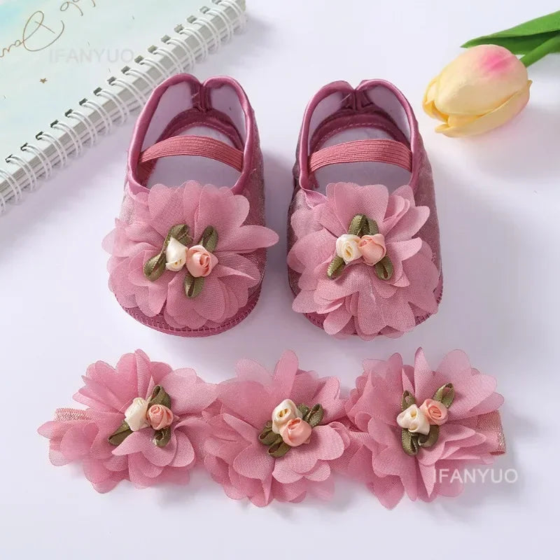 Spring Autumn Soft Sole Baby Shoes Hairband Set Baby Shoes 0-1Year Old Newborn Princess Rose Flower Dress Shoes Birthday Gift