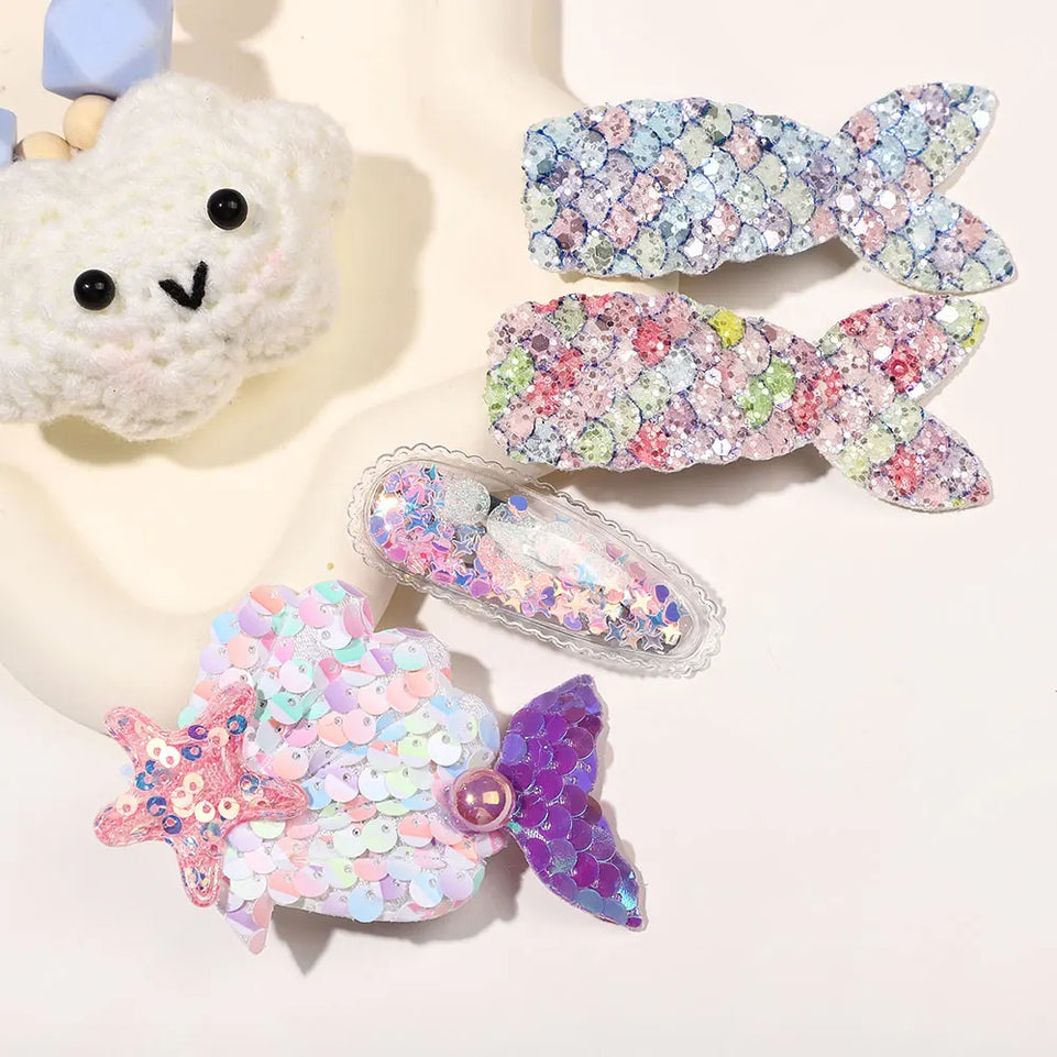4pcs Kids Sweet Hair Bangs Clip Set Fish Tail Printed Butterfly Hairpins Children BB Clips Barrettes Girls Accessories Headwear