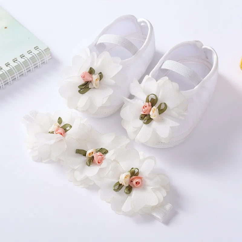 Spring Autumn Soft Sole Baby Shoes Hairband Set Baby Shoes 0-1Year Old Newborn Princess Rose Flower Dress Shoes Birthday Gift