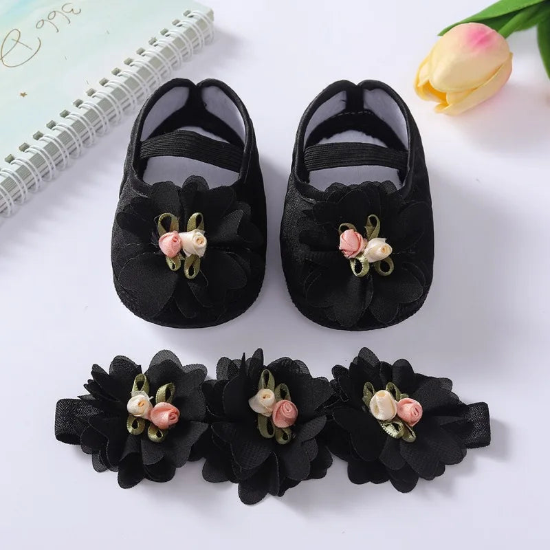 Spring Autumn Soft Sole Baby Shoes Hairband Set Baby Shoes 0-1Year Old Newborn Princess Rose Flower Dress Shoes Birthday Gift