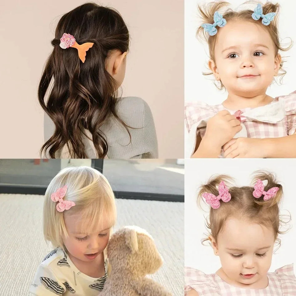 4pcs Kids Sweet Hair Bangs Clip Set Fish Tail Printed Butterfly Hairpins Children BB Clips Barrettes Girls Accessories Headwear