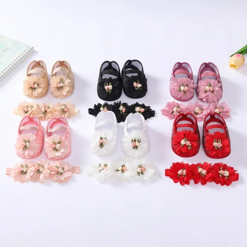 Spring Autumn Soft Sole Baby Shoes Hairband Set Baby Shoes 0-1Year Old Newborn Princess Rose Flower Dress Shoes Birthday Gift