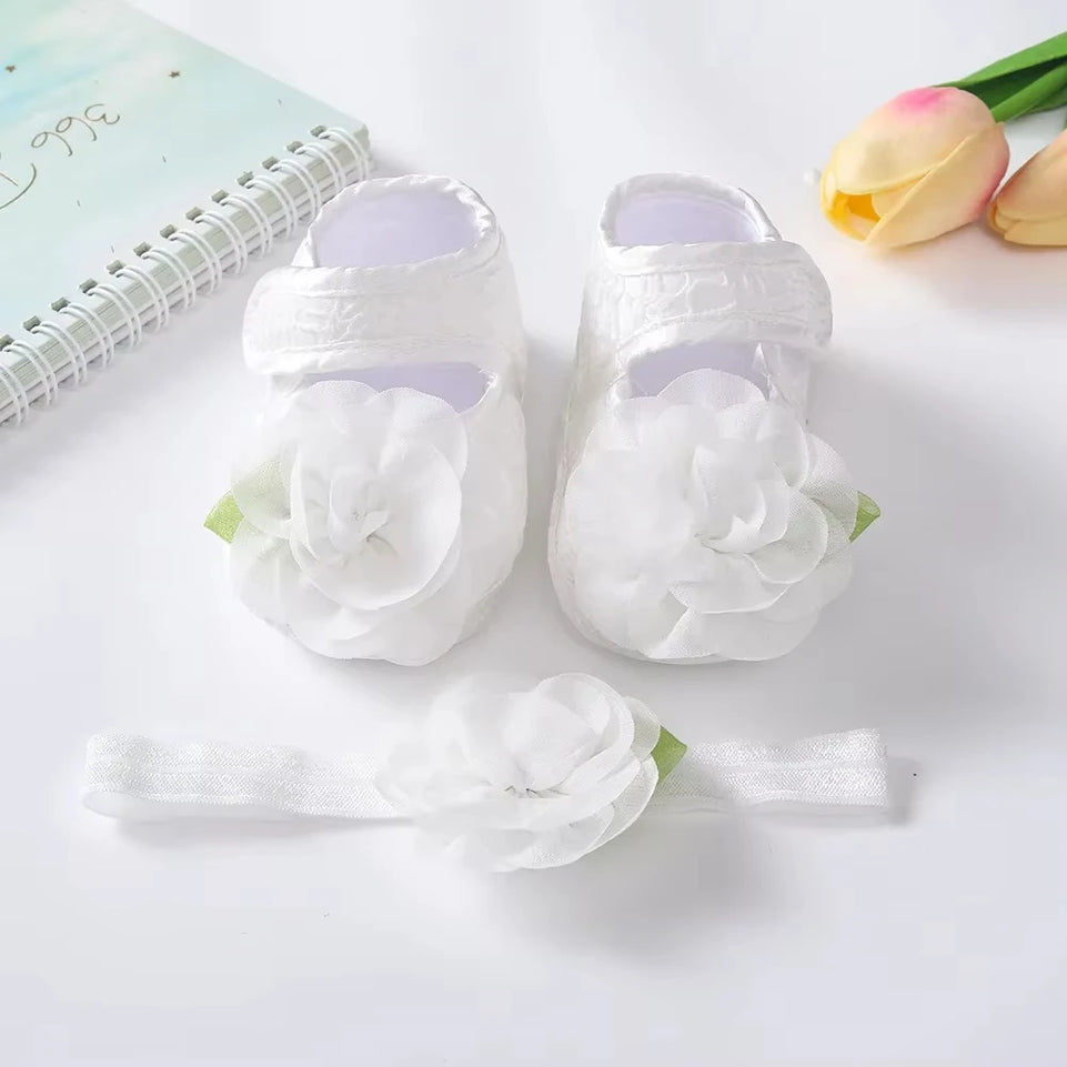 Spring Autumn Soft Sole Baby Shoes Hairband Set Baby Shoes 0-1Year Old Newborn Princess Rose Flower Dress Shoes Birthday Gift